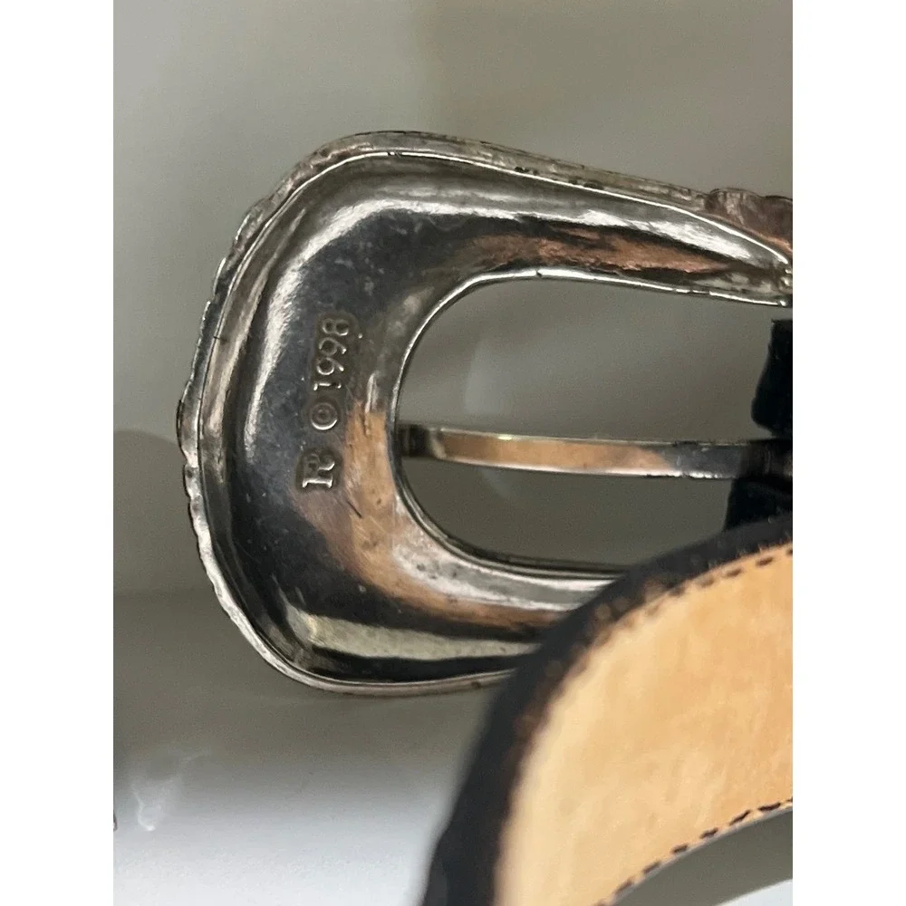 Vintage 1998 Brighton Black Woven Leather Western Ranger Belt Mixed Metal USA M